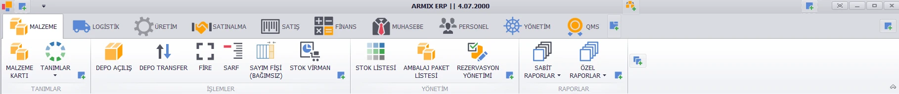Armix ERP arayüzü: başlık çubuğu, modül sekmeleri ve Malzeme modülü araç şeridi